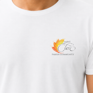 white t-shirt with St. Clare pocket Logo
