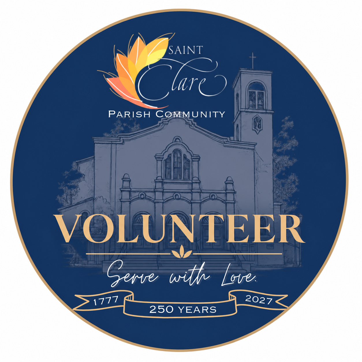 Artwork and logo of Saint Clare with blue overlay. The words VOLUNTEER, Serve with love underneath.