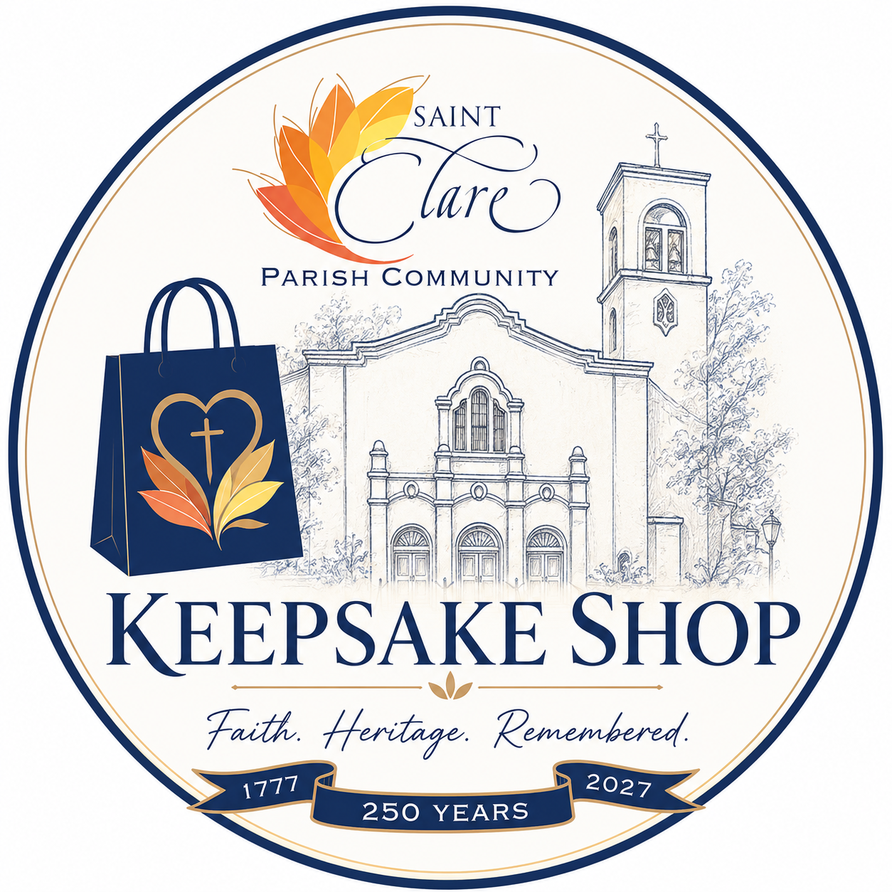 250 Anniversary custom sketch of St. Clare Parish and logo with the words Keepsake Shop.